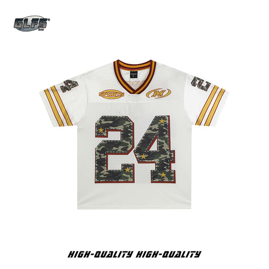 V-Neck Mesh Camouflage Number Short Sleeve T-Shirt WN26573