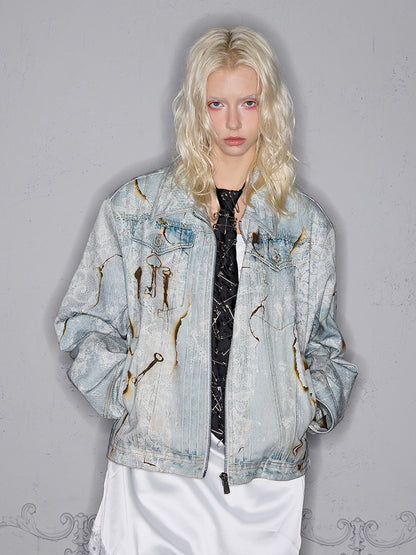 Burnout Lace Patchwork Key Print Washed Denim Jacket & Denim Jeans Setup WN17885