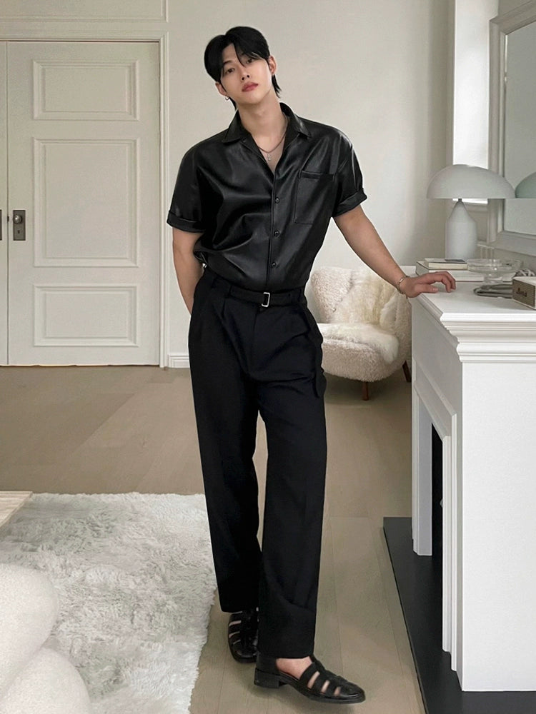 Turn-Down Collar PU Leather Short Sleeve Shirt WN20250