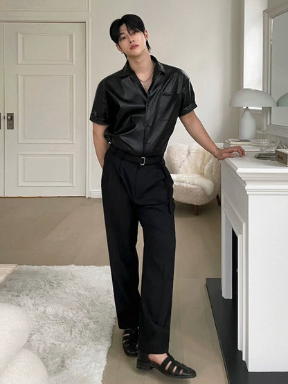 Turn-Down Collar PU Leather Short Sleeve Shirt WN20250