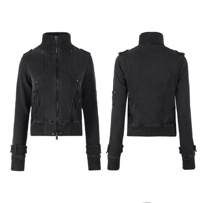 Washed Stand Neck Rivet Fleece Lining Jacket WN22761