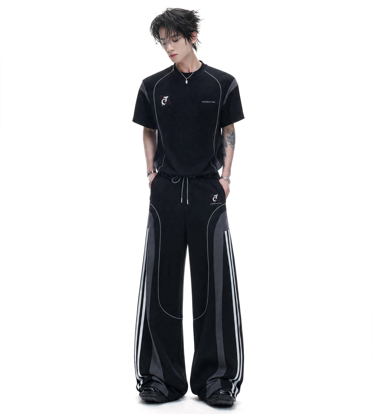 Contrast Sporty Short Sleeve T-Shirt & Contrast Wide Leg Pants Setup WN27029