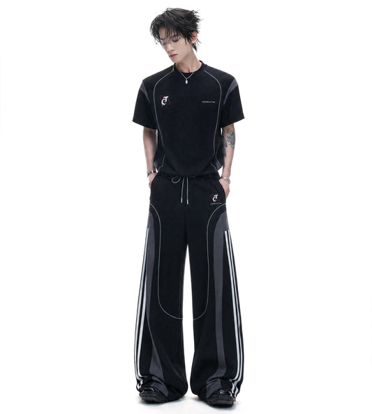 Contrast Sporty Short Sleeve T-Shirt & Contrast Wide Leg Pants Setup WN27029