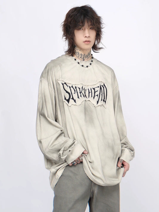 Oversize Washed Embroidery Long Sleeve T-shirt WN7705