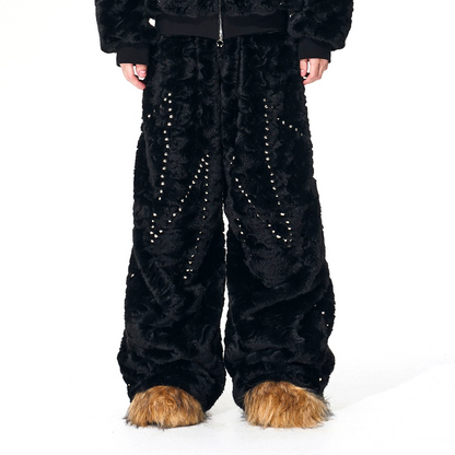 Colorblock Heart Thick Fake Mink Fur Hooded Jacket & Straight Wide Leg Pants Setup WN21838