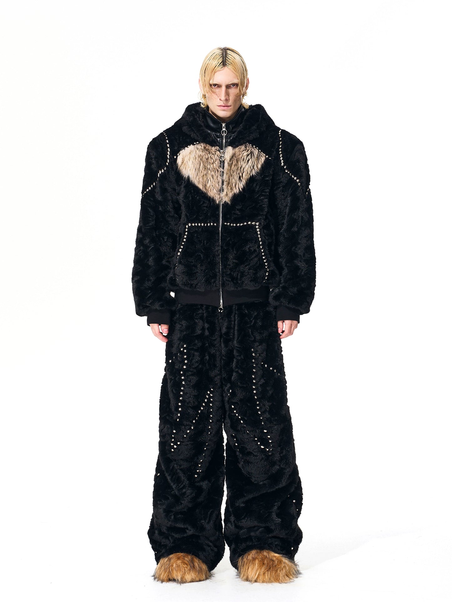 Colorblock Heart Thick Fake Mink Fur Hooded Jacket & Straight Wide Leg Pants Setup WN21838