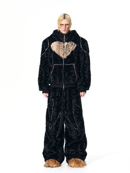 Colorblock Heart Thick Fake Mink Fur Hooded Jacket & Straight Wide Leg Pants Setup WN21838