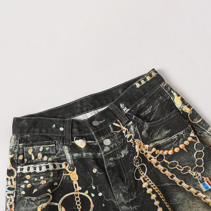 Chain Paint  3D Print Washed Wide Leg Denim Jeans WN25475