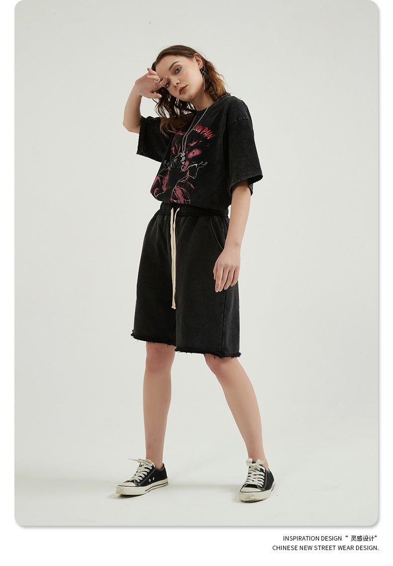 Washed Vintage Raw Edge Short Sweatpants WN6628