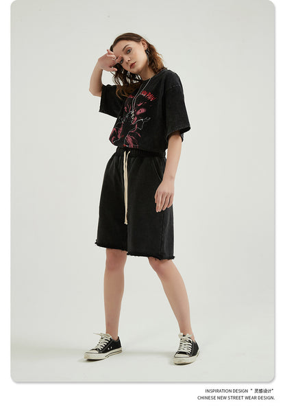 Washed Vintage Raw Edge Short Sweatpants WN6628