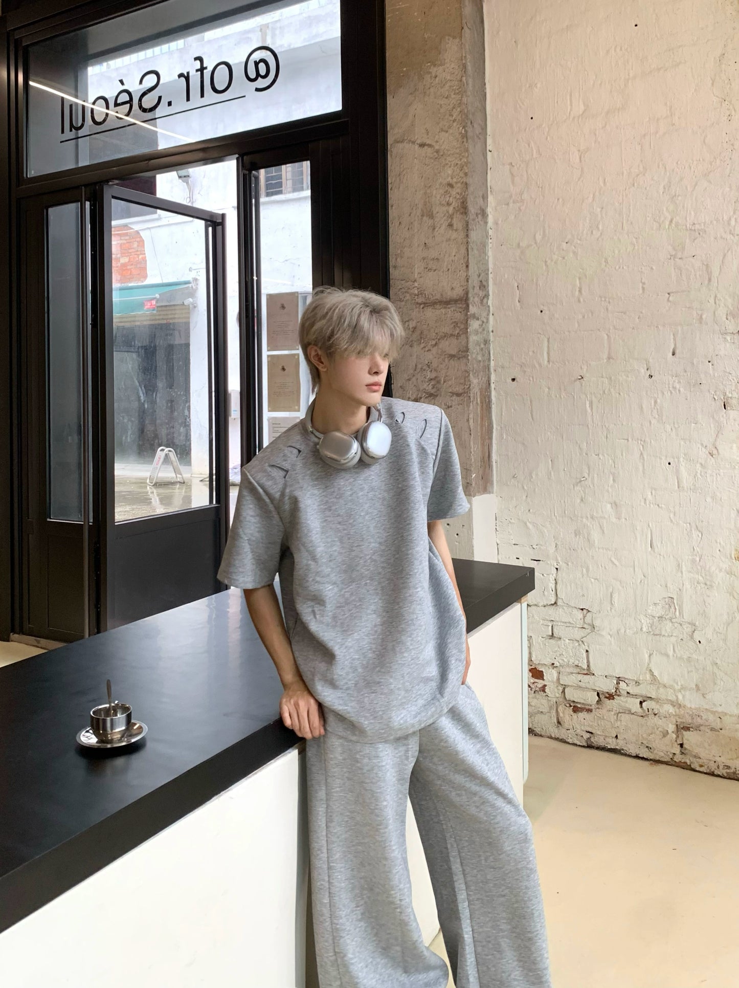 Damage Plain Short Sleeve T-Shirt & Wide Leg Pants Setup WN19729