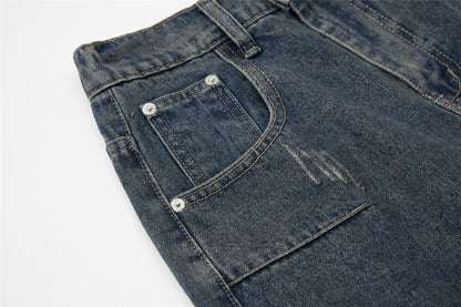 Washed Damage Multi-Pocket Curved Leg Denim Jeans WN26807