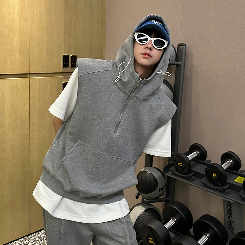 Hooded Shoulder-pad Pullover Hoodie & Layering Short Sleeve T-Shirt & Air Layer Cotton Sporty Wide Leg Pants Setup WN25225