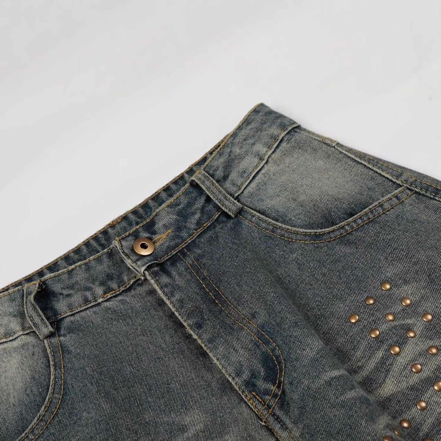 Washed Whisker Cross Studs Wide Leg Denim Jeans WN25798