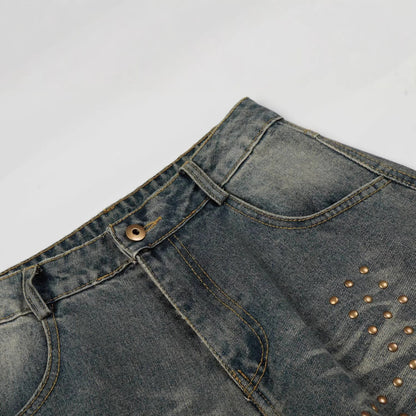 Washed Whisker Cross Studs Wide Leg Denim Jeans WN25798