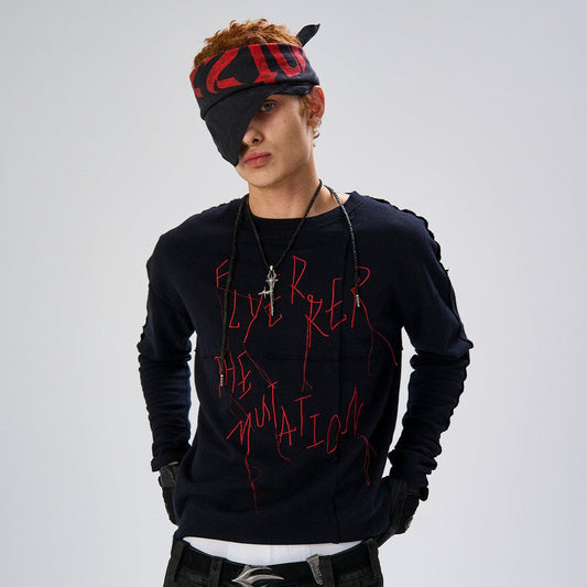 Irregular Panel Thorn Embroidery Long Sleeve T-Shirt WN27435