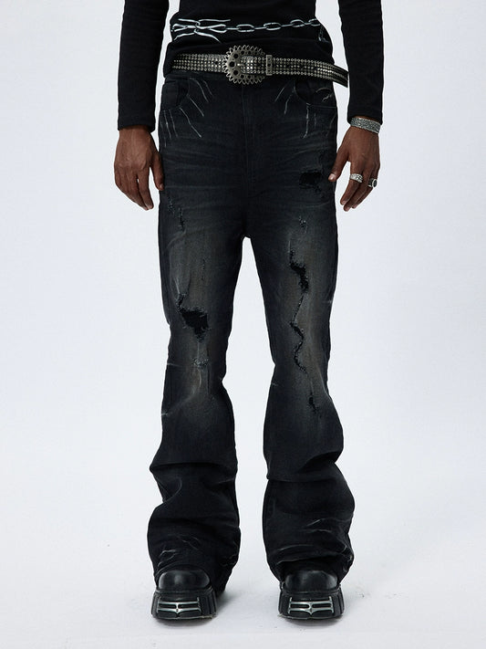 Washed Damage Stacked Stretch Flare Denim Jeans WN17054