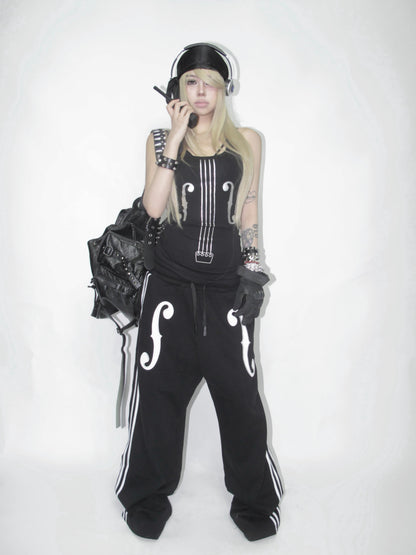 Side Stripe Musical Symbol Print Wide Leg Sweatpants WN27216