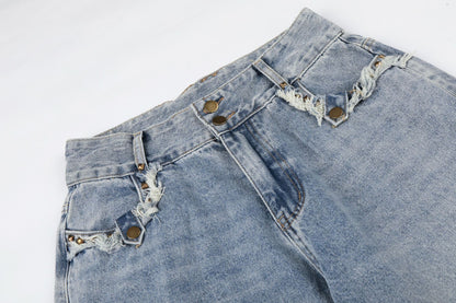 Fringe Studs Wide Leg Denim Jeans WN25804