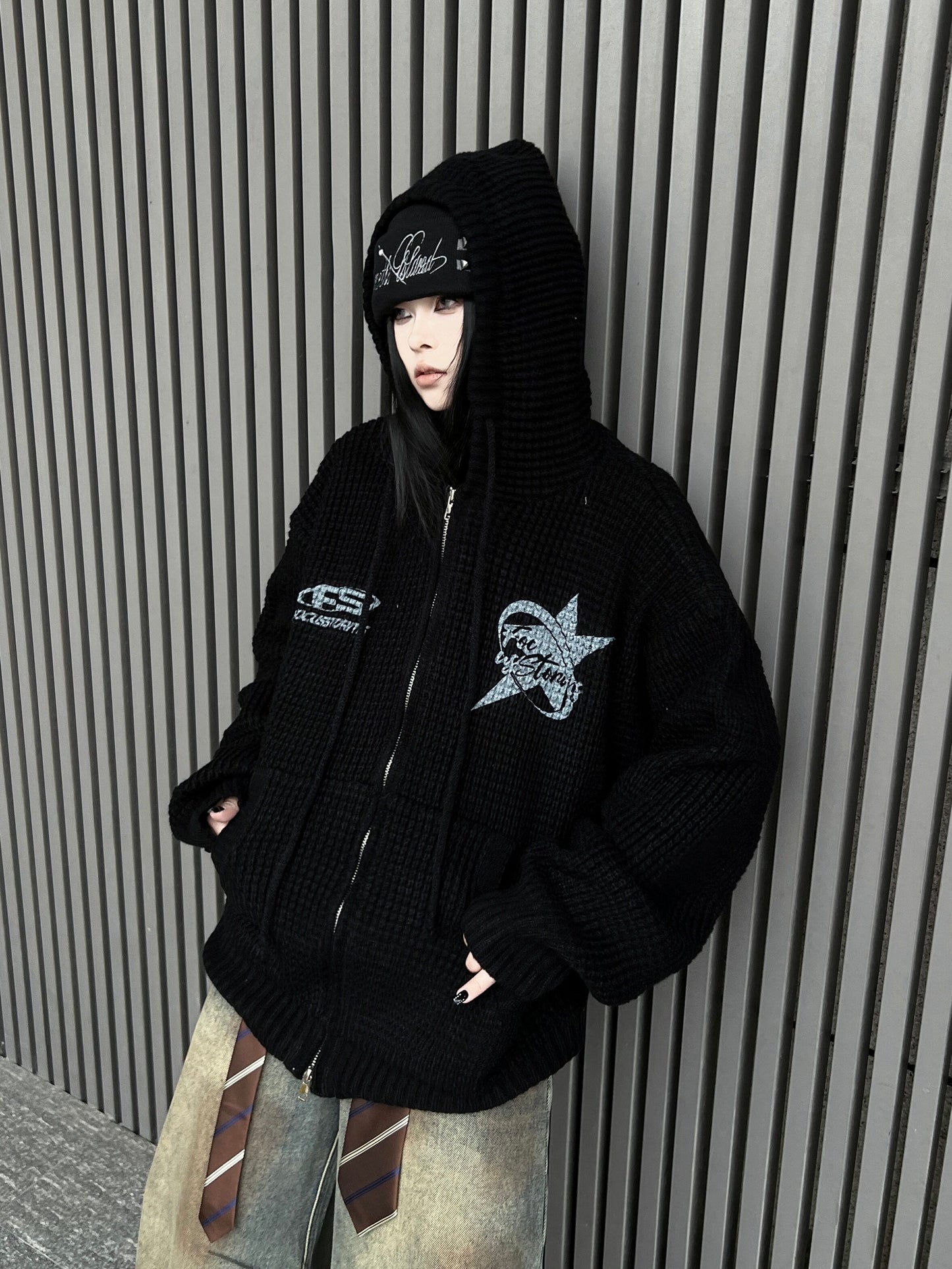 Waffle Knit Embroidery Oversize Zipper Hoodie WN24192