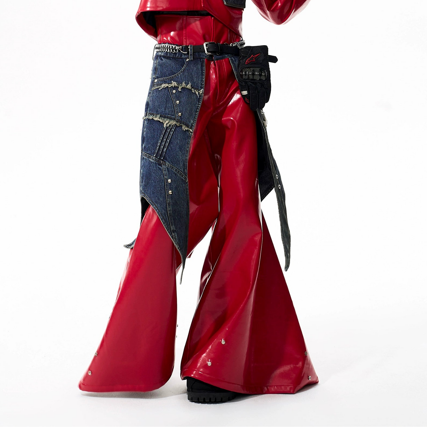 Studs Denim Mix PU Leather Jacket &  Flare PU Leather Pants Setup WN21761