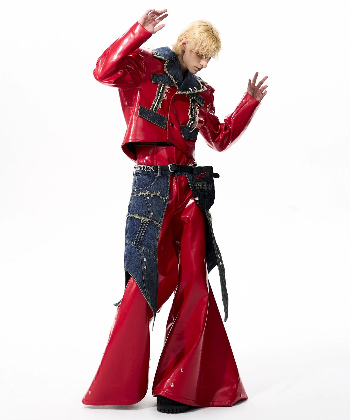 Studs Denim Mix PU Leather Jacket &  Flare PU Leather Pants Setup WN21761