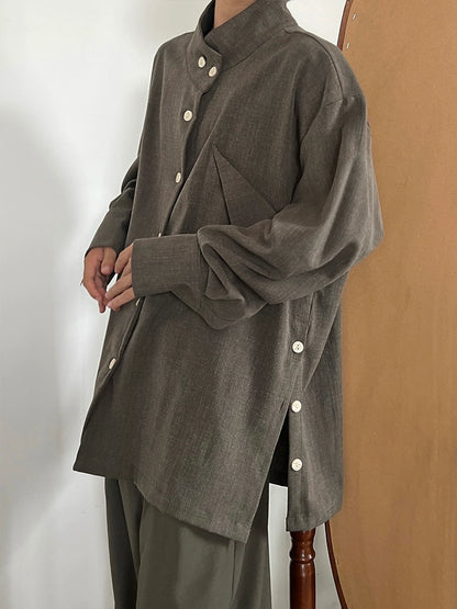 Standing-Collar Side Button Long Sleeve Shirt WN19953