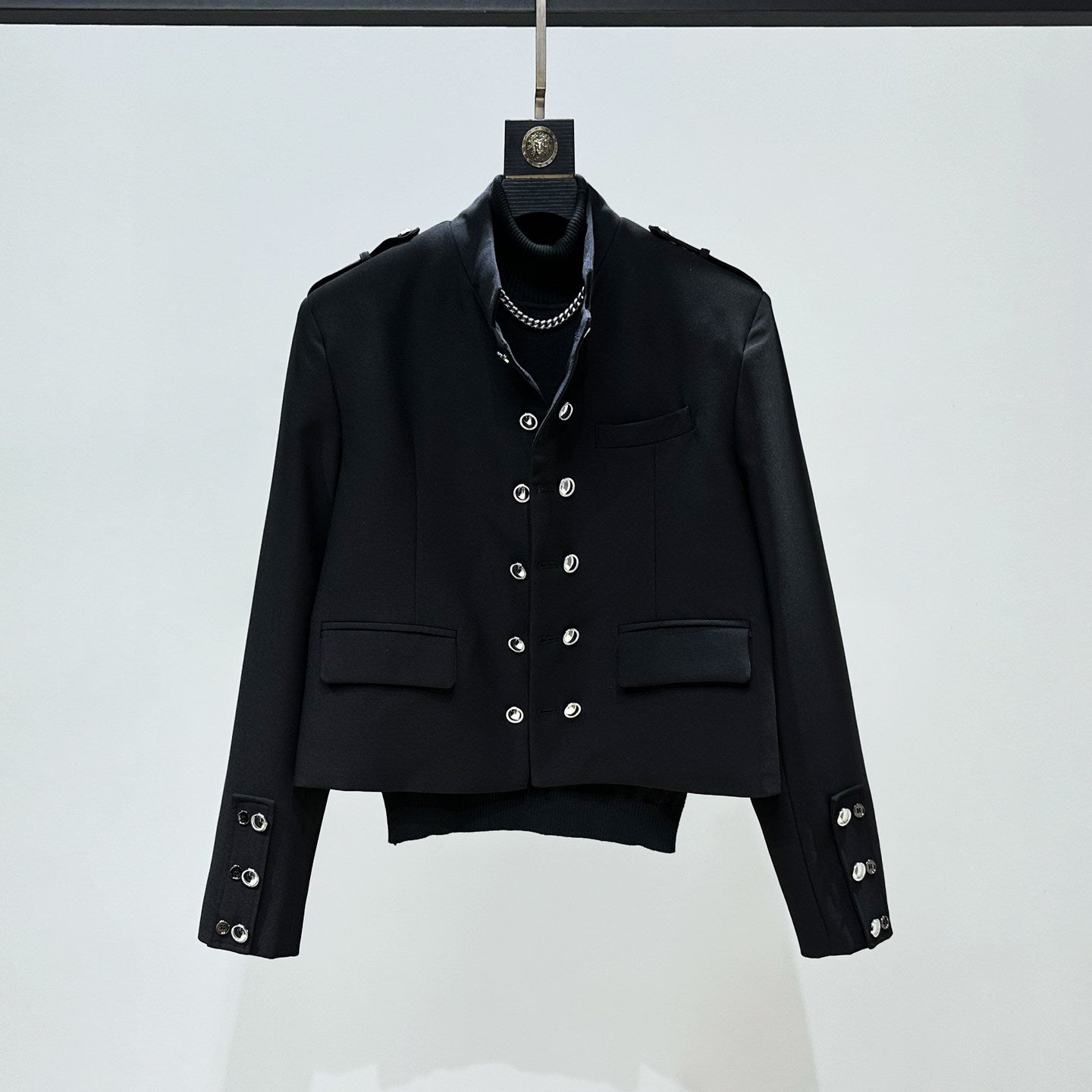 Standing-Collar Metal Button Short Tailored Jacket & Trousers Setup WN23910