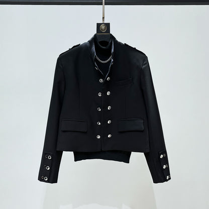 Standing-Collar Metal Button Short Tailored Jacket & Trousers Setup WN23910