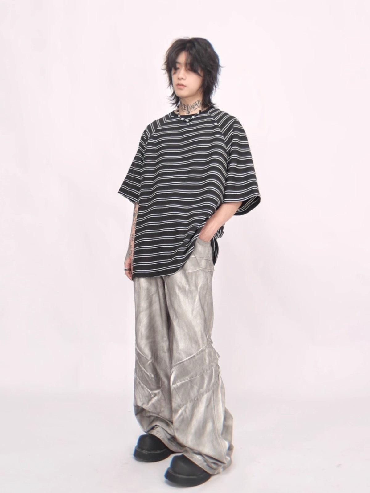 Oversize Striped Round Neck Short Sleeve T-shirt WN6536