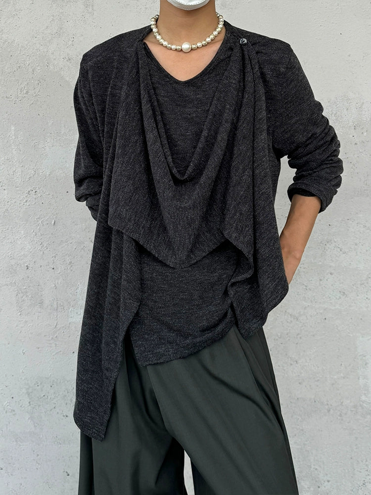 Draped Neck Asymmetrical Patchwork Knit Sweater WN19944