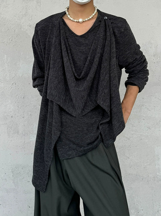 Draped Neck Asymmetrical Patchwork Knit Sweater WN19944