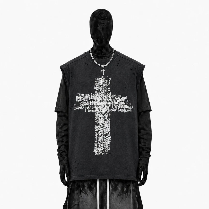 Cross Graphic Damage Sleeveless T-Shirt WN28060