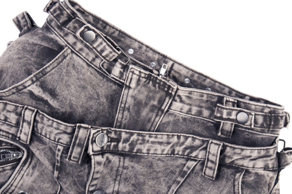 Double Waist Washed Panel Detail Wide Leg Denim Jeans WN27973