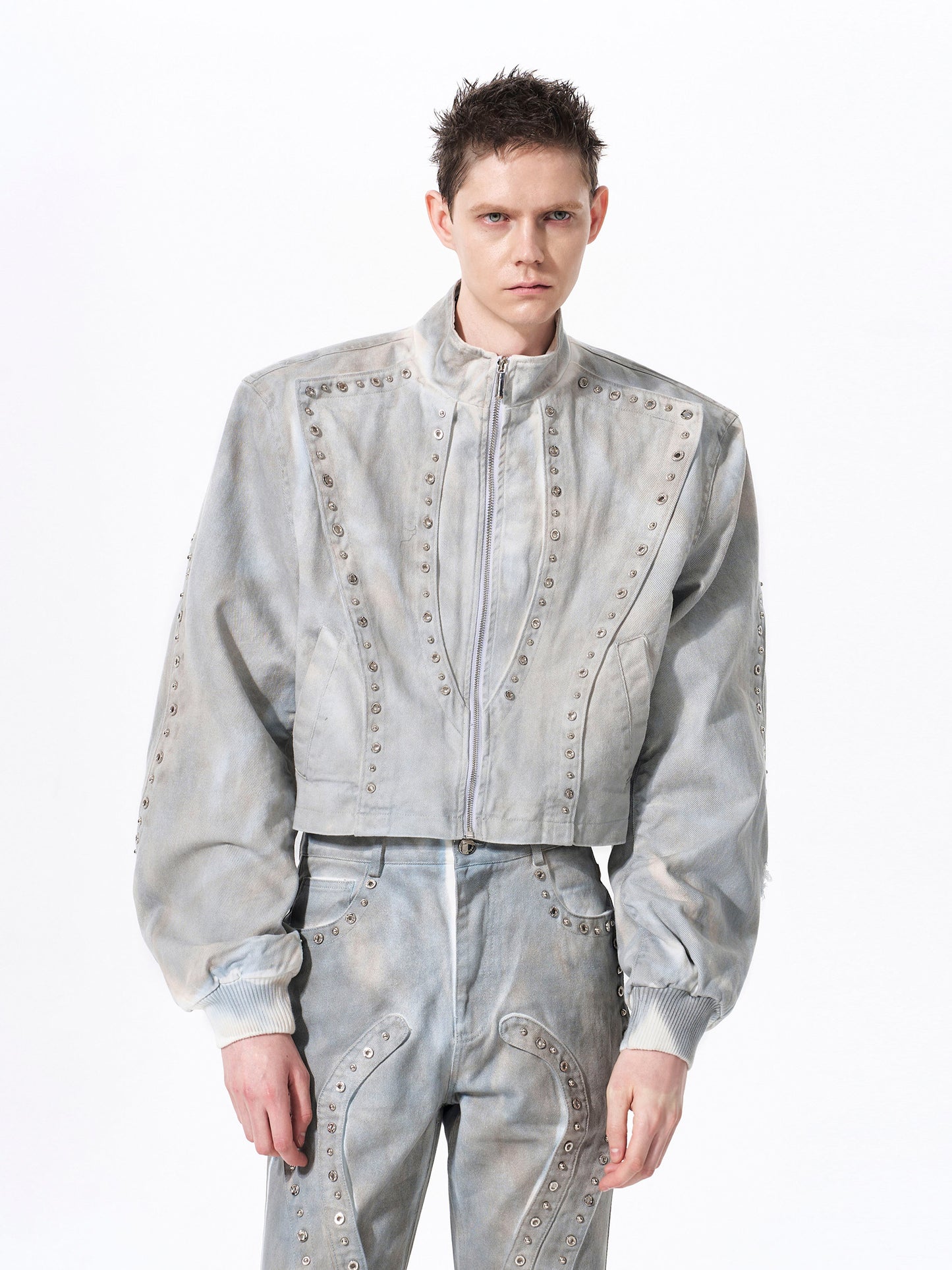 Deconstructed Paint Damage Stand Neck Short Denim Jacket & Denim Jeans Setup WN23280