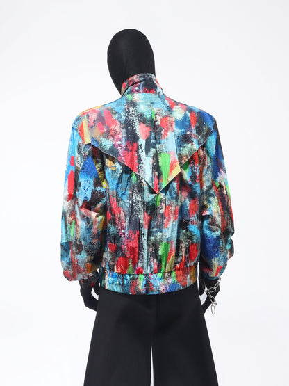 Abstract Paint Standing-Collar Short Jacket WN23717