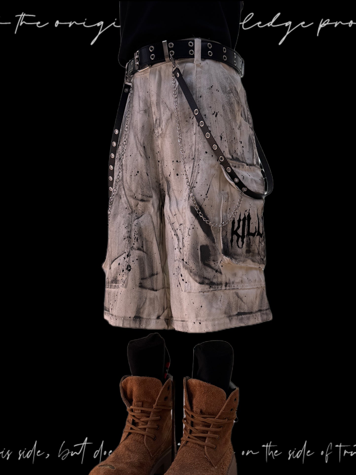 Paint Pocket Denim Cargo Denim Half Jeans & Skull Belt & Cross Belt & Belt Chain WN23797