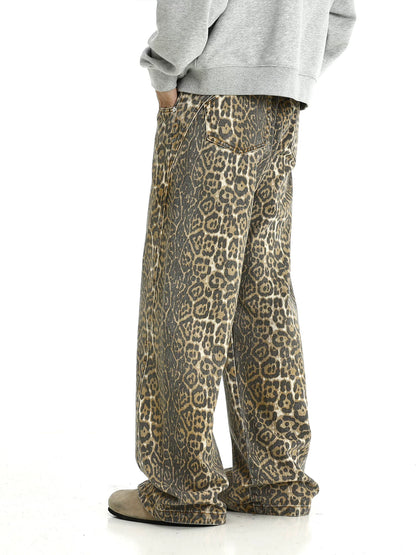 Leopard Wide-leg Straight Denim Jeans WN5806