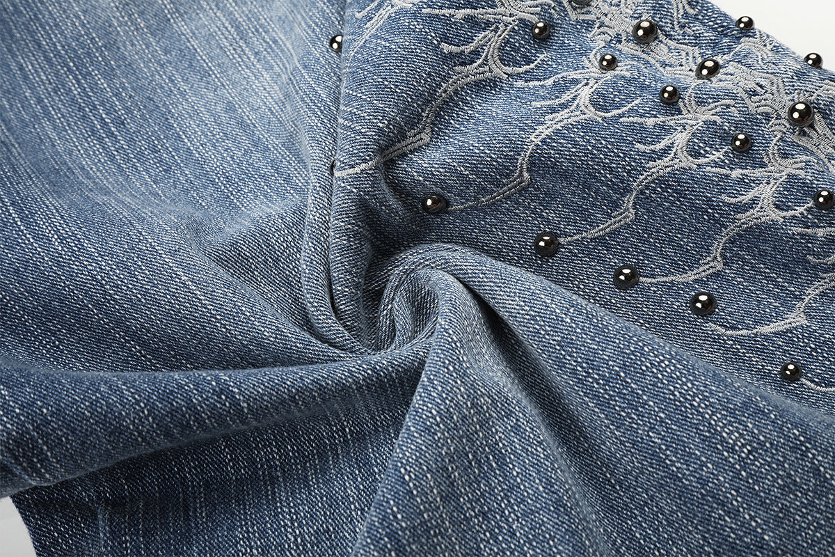 Embroidery Bead Wide Leg Short Denim Pants WN25628