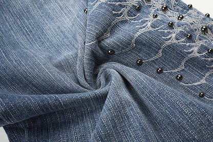 Embroidery Bead Wide Leg Short Denim Pants WN25628