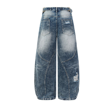 Washed Damage Splice Wide Leg Denim Jeans WN25742