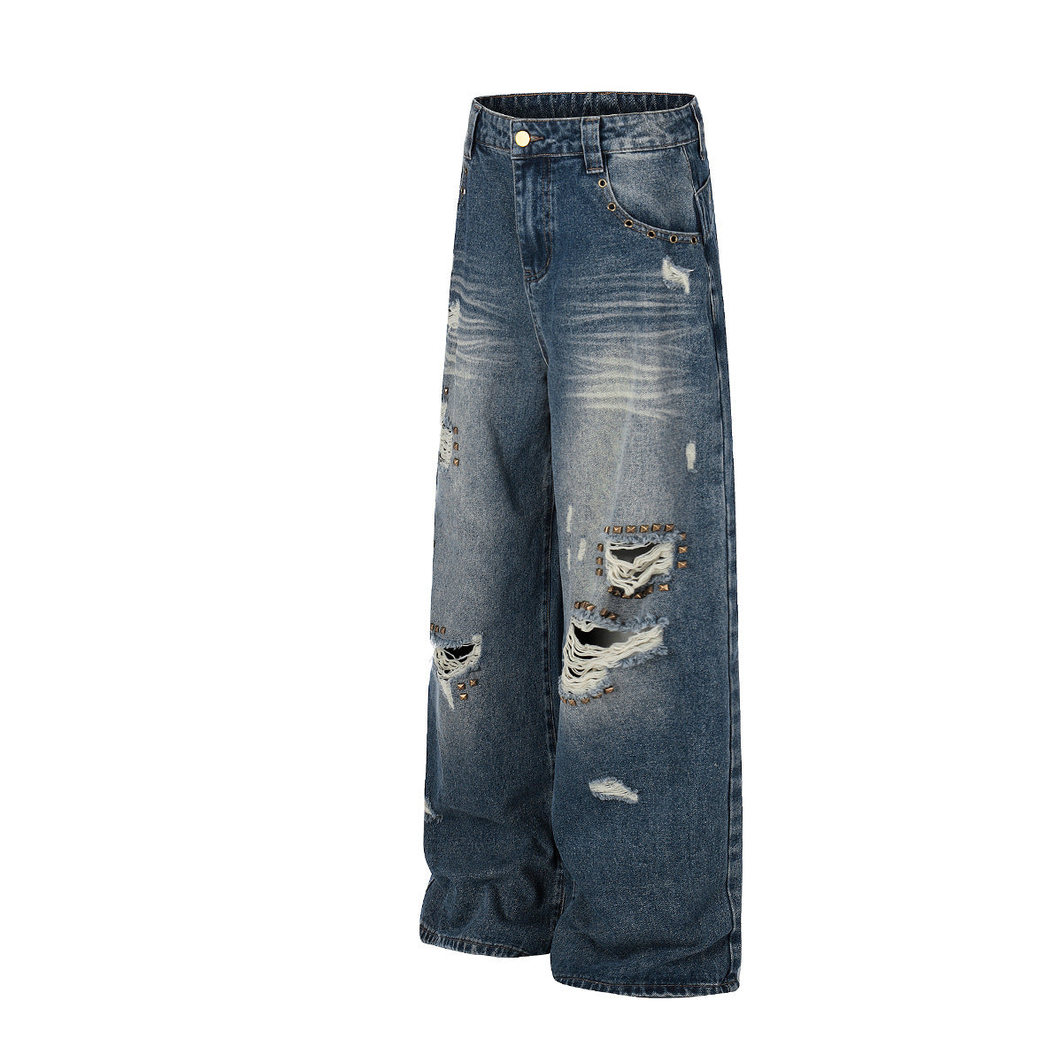 Wash Rivet Damage Wide Leg Denim Jeans WN25573