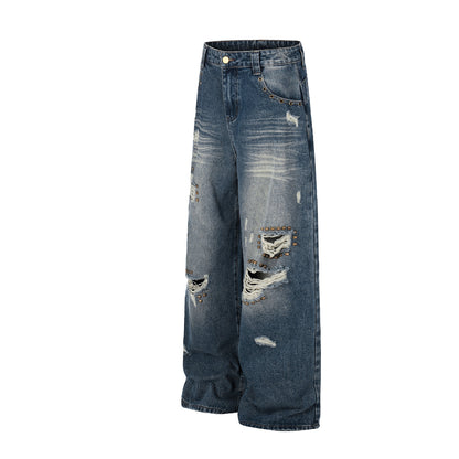 Wash Rivet Damage Wide Leg Denim Jeans WN25573
