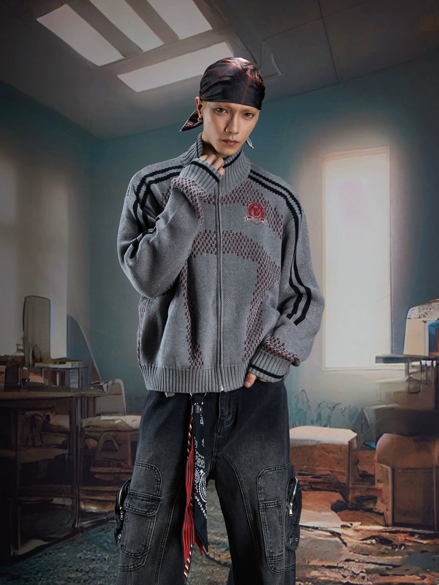 Contrast Stand Neck Zipper Knit Cardigan WN21373