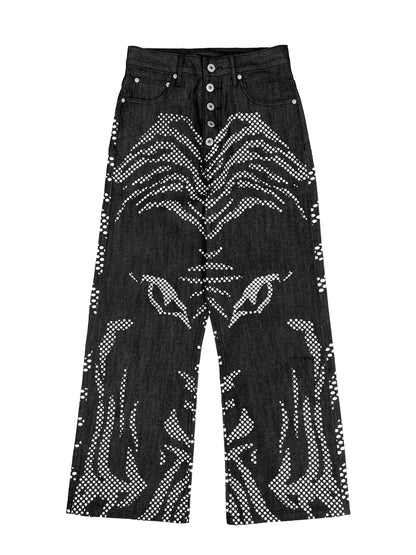 TIGER Dot Print Wide Leg Straight Denim Jeans WN19059