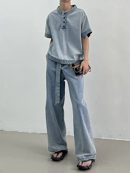 Short Sleeve Denim T-shirt & Wide-Leg Straight Belted Denim Jeans Setup WN7409