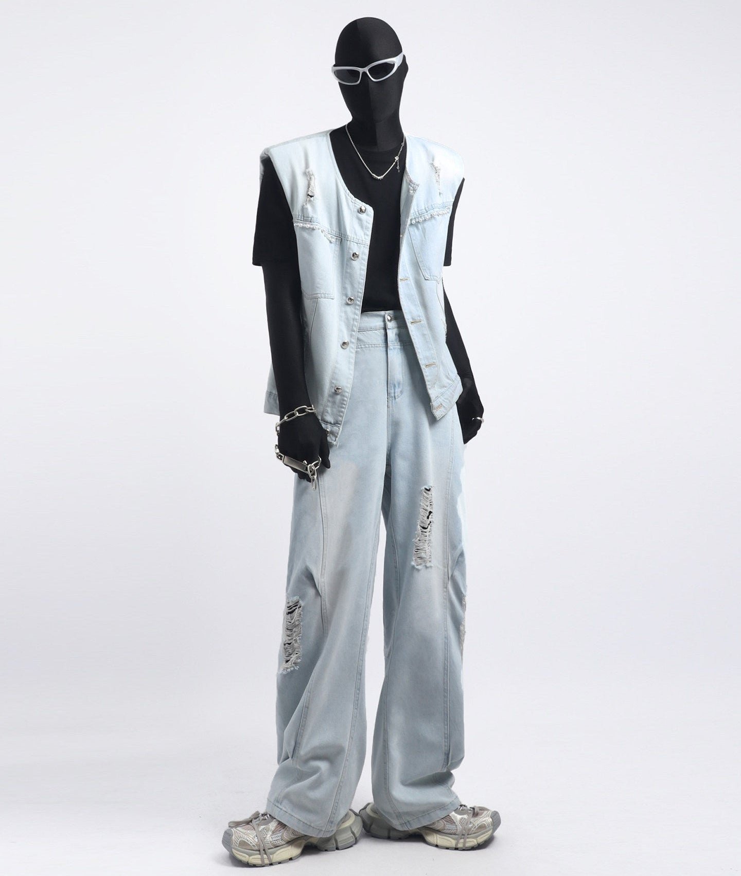 Denim Oversize Vest & Damage Wide Leg Denim Jeans Setup WN23737