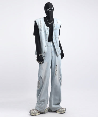 Denim Oversize Vest & Damage Wide Leg Denim Jeans Setup WN23737