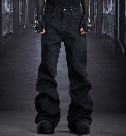 Coated Metal Stud Washed Damage Flare Denim Jeans WN22897