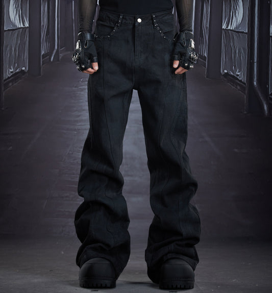 Coated Metal Stud Washed Damage Flare Denim Jeans WN22897